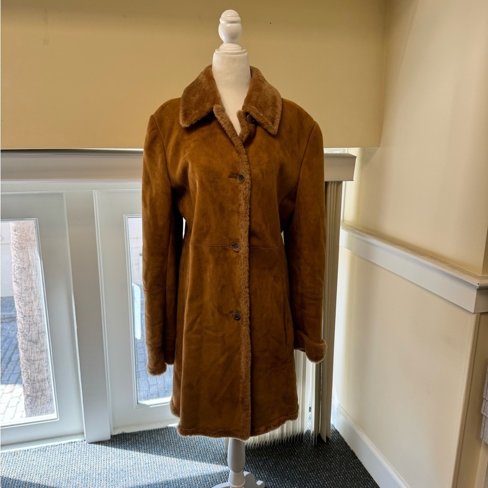 Searle Brown Suede Shearling Fur Lined Button Front Coat Jacket Womens Size 8